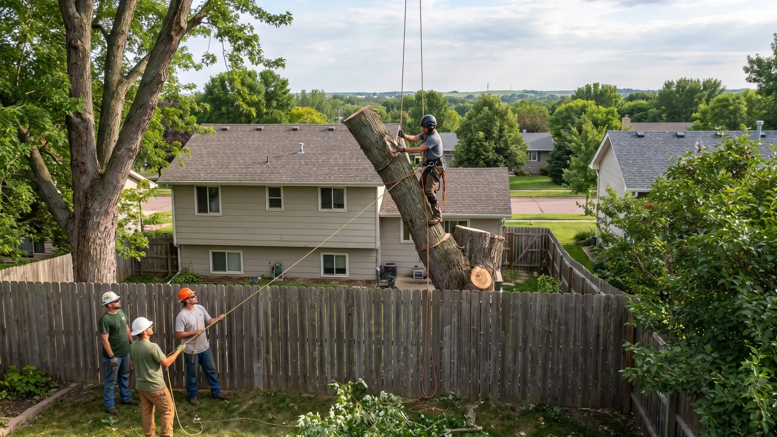 Climber roping down a section of silver maple trunk over a fenced backyard in Sioux Falls