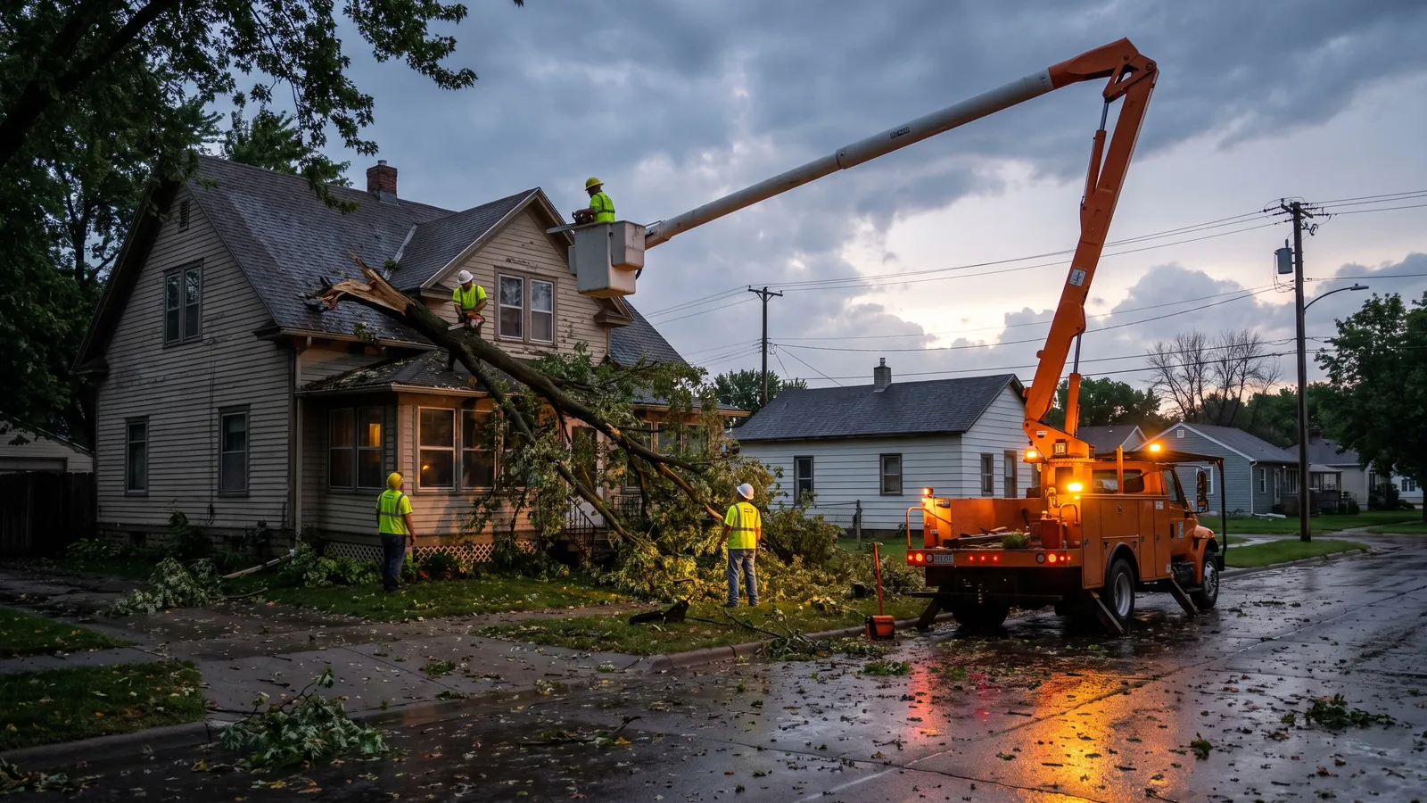 Tree crew cutting a large broken limb that fell on a house roof after a summer windstorm in Sioux Falls