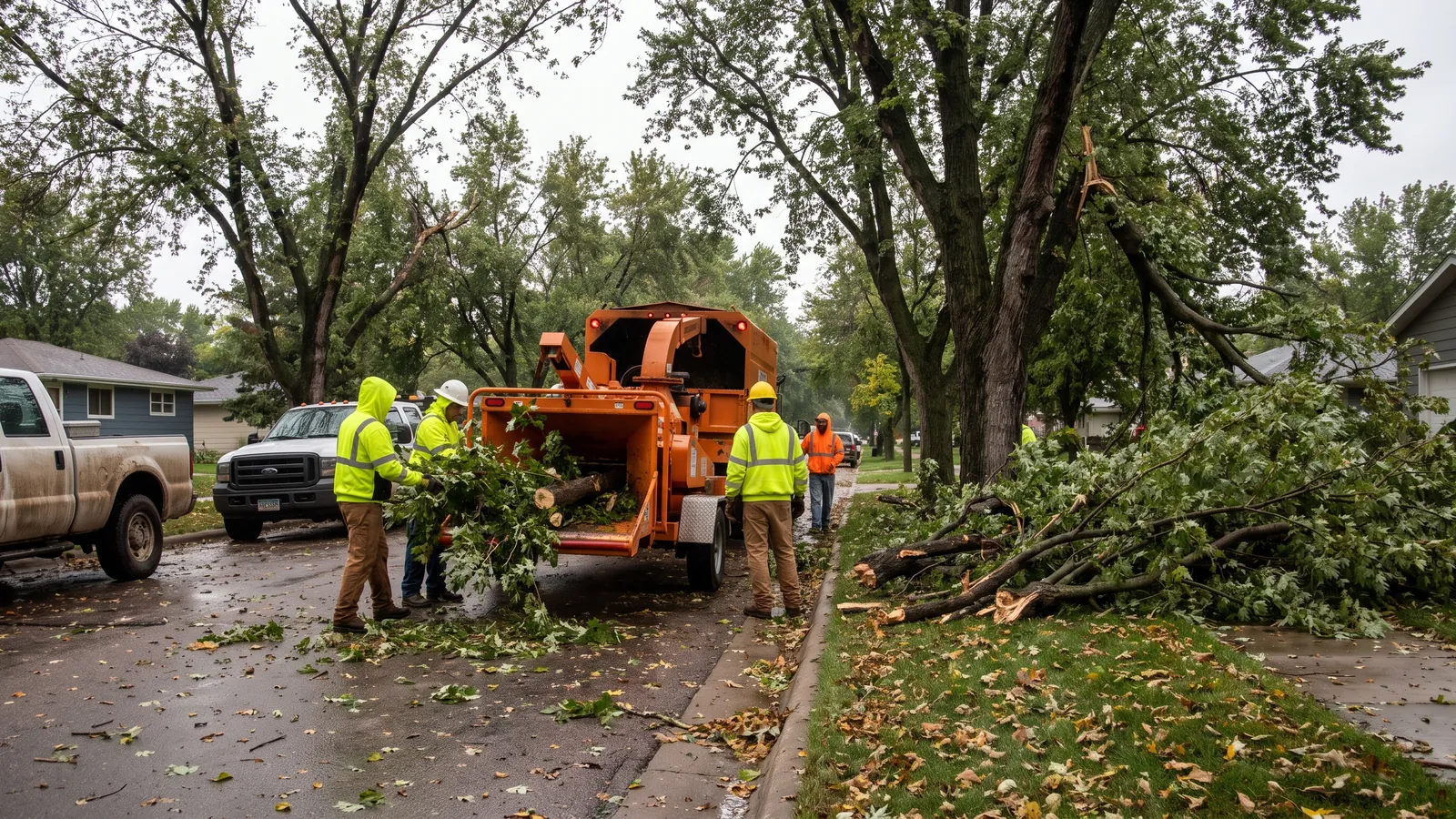 Crew feeding storm-downed branches into a chipper on a tree-lined Sioux Falls street after a derecho